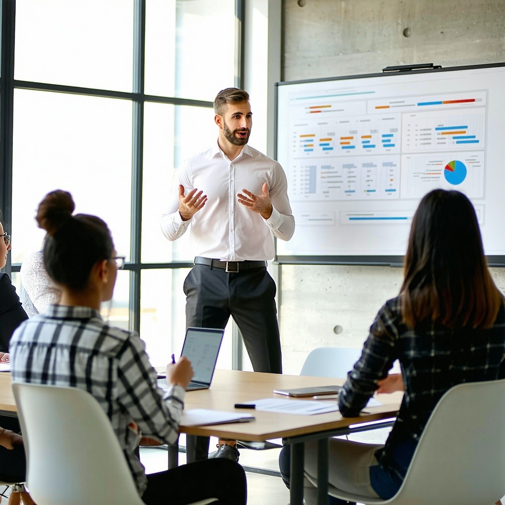 sales professional teaching a course in group setting enviroment